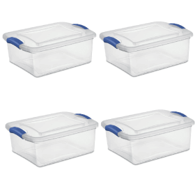 (4 pack) , 15 Quart Clear Storage Bin, Latch Box Storage Container, with Clear Lid, Blue