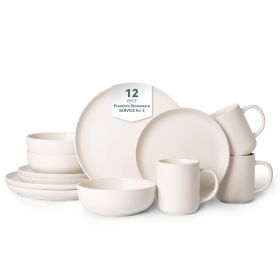 12-Piece Stoneware Dinnerware Sets with Mugs | Microwave & Dishwasher Safe | Non-Toxic Dinner Plates Bowls Set | Stackable Matte Glaze Kitchenwar (Main Color: White, Main Material: Stone)